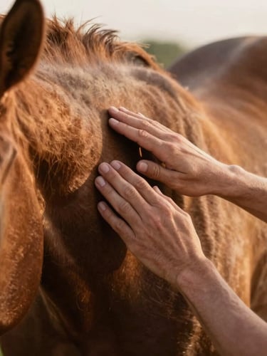 Close-up of a handler's hands gently grooming the muscular shoulder of an Andalusian PRE horse, warm morning light, shallow depth of field, 35mm editorial.