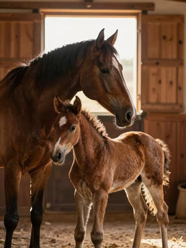 An elegant Andalusian PRE mare gently nudging her newborn foal in a sun-drenched timber stable, soft morning light filtering through a window, warm editorial photography