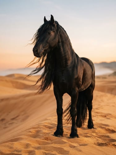 Low-angle majestic portrait of a black Friesian stallion with a flowing mane standing on sand dunes during golden hour, 35mm photography.