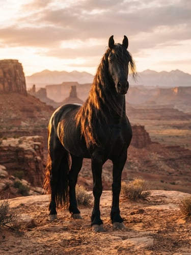 Low-angle golden hour shot of a majestic black Friesian stallion standing proud against the Utah desert landscape, soft morning light illuminating its flowing mane, shallow depth of field, 35mm.