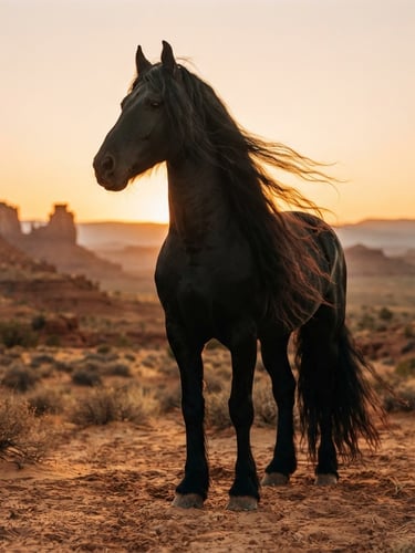 A low-angle majestic portrait of a black Friesian stallion with a flowing mane standing in the Utah desert during golden hour, warm natural light, 35mm editorial photography.