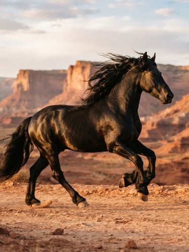 Majestic Friesian stallion in powerful low-angle trotting motion, wind blowing through its long wavy mane, warm golden hour sunlight casting dramatic shadows on the muscular definition, Utah desert red rock landscape in the background, editorial 35mm photography.