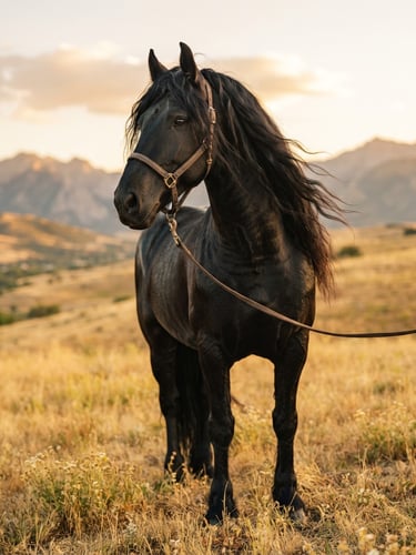 Low-angle portrait of a majestic black Friesian broodmare with a flowing mane, standing in a golden-hour Utah pasture, soft natural light, shallow depth of field, 35mm