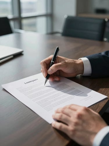 Close-up of hands at a boardroom table, one hand holding a pen poised above a multi-page loan agreement, another hand steadying the document, cool window light from the left casting clean shadow across the paper, architectural background of a corporate meeting room blurred
