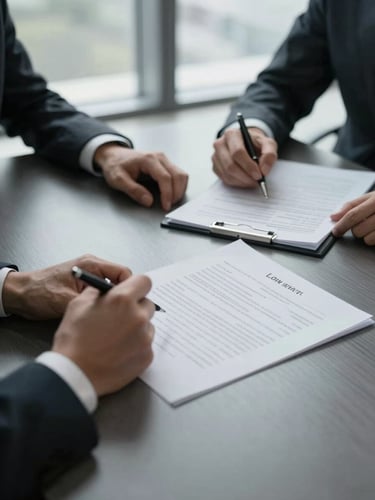 Tight close-up of two suited professionals' hands at a polished boardroom table, one hand holding a pen over a printed loan agreement with dense text columns, the other resting on a financial spreadsheet — office ambient light from a wide window, no faces visible, grayscale tones with deep shadow