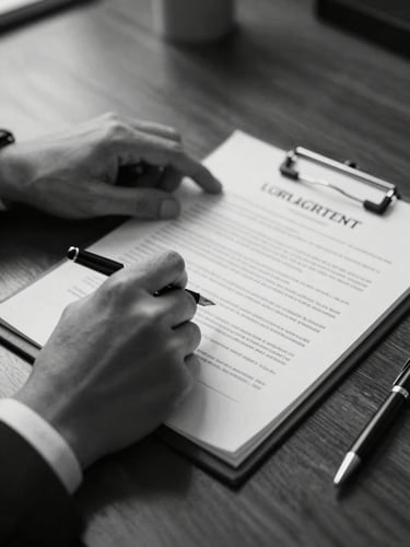 Close-up tight shot of hands in shirtsleeves turning pages of a formal loan agreement on a dark wood desk, a fountain pen resting at the edge, office ambient light, high contrast monochrome feel, no faces visible
