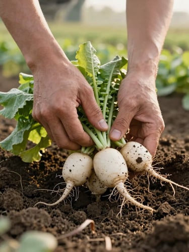Hands gently pulling fresh radishes from dark, rich soil, dirt clinging to the roots, soft morning light filtering through the field.