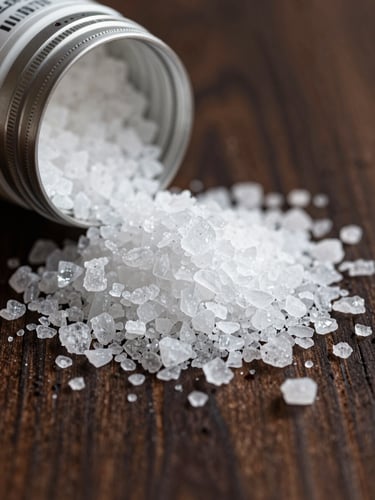 Macro shot of coarse sea salt spilling onto a dark wooden board, soft side lighting.