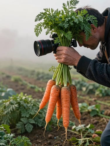 A photographer in a dark wool sweater capturing close-ups of freshly harvested heirloom carrots in a misty organic farm field, soft morning daylight.