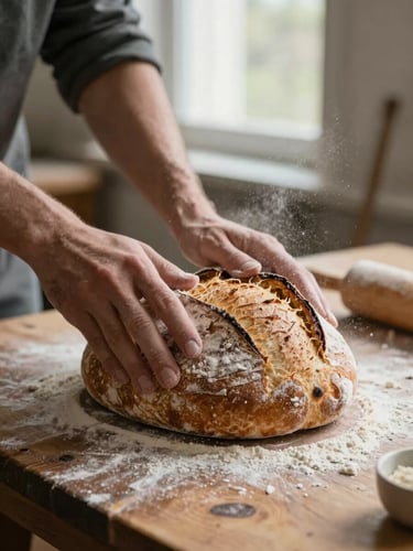 Close-up of hands scoring a fresh sourdough loaf on a rustic wooden table, soft window lighting with flour dusting the air.