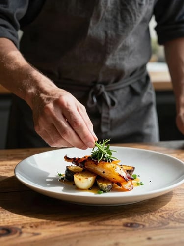 A vertical portrait of a chef in a dark linen apron carefully placing a delicate herb garnish onto a roasted root vegetable dish, soft natural window light casting deep shadows, rustic wooden table.