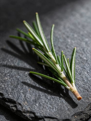 Macro shot of fresh rosemary sprigs on a dark stone surface, high-contrast shadows.