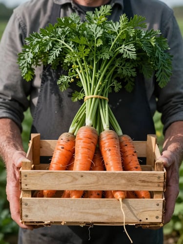 A close-up portrait of an organic grower holding a wooden crate of heirloom carrots, shot in soft diffused Scandinavian daylight with high-contrast shadows.