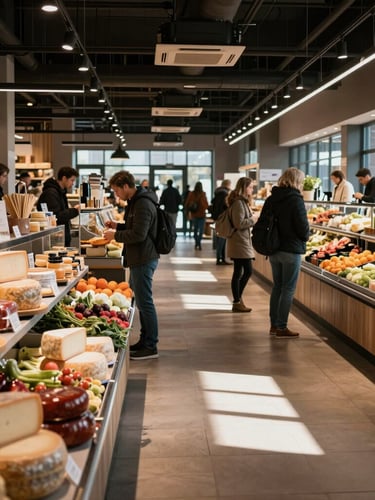 A bustling modern food hall with soft Scandinavian light casting long shadows across artisanal cheese counters and fresh produce displays.