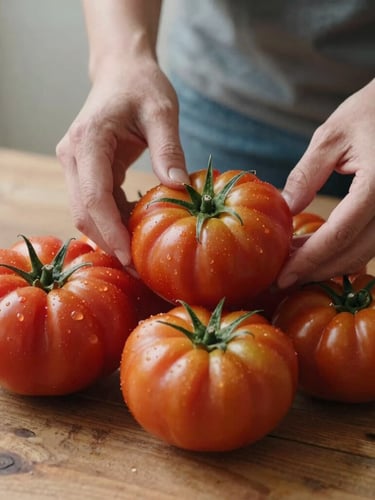 Close-up of hands arranging fresh, vibrant heirloom tomatoes on a rustic wooden table in soft, diffused Scandinavian daylight.
