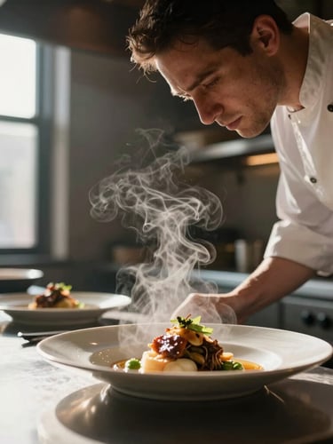 A close-up, dramatic side profile of a chef behind the pass in a dimly lit restaurant kitchen. Soft steam rises from a plated dish in the foreground, illuminated by warm, natural window light with high-contrast shadows.