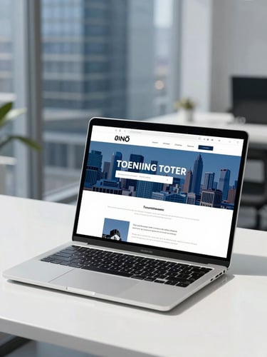 Sleek modern laptop on a white desk, showing a clean website layout, bright daylight, professional corporate atmosphere