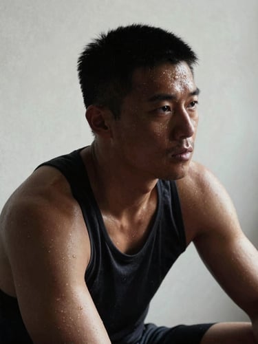High-contrast portrait of an athlete resting between sets, sweat on brow, dramatic side lighting, deep shadows, raw gym texture