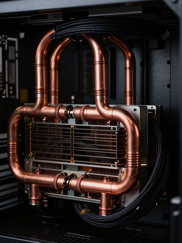 Macro shot of copper heat pipes and neatly routed black braided cables inside a dark, high-performance PC workstation, low-key studio lighting with dramatic rim lights, high-contrast dark tones with amber accents, sharp macro lens.