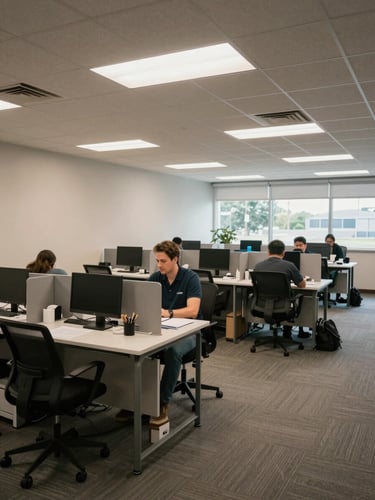 Environmental interior shot of a commercial rental suite at BPEC Village, a tenant seated at a desk engaged in paperwork, wide-angle view showing the full room layout, overhead fluorescent and window light, shot during business hours, no posed smiles