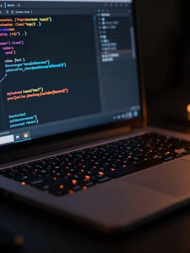 Macro shot of a high-end developer workspace, code editor open on a dark screen, glowing orange accent lights casting dramatic shadows, 35mm