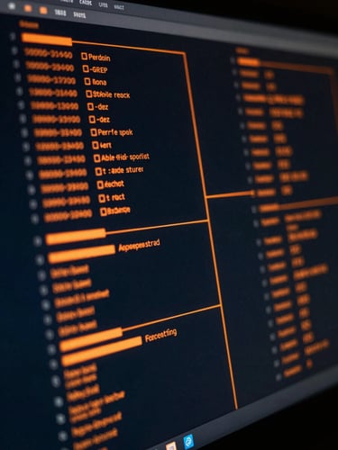 Macro close-up of a high-end developer workspace with glowing orange data lines on a dark screen, technical and high-performance, low-key lighting