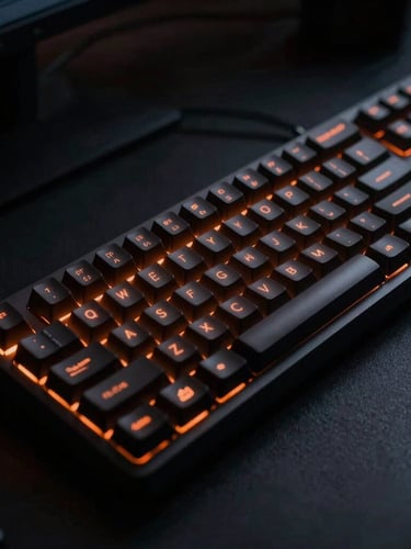 Close-up of a modern developer workspace, mechanical keyboard, glowing orange ambient light, dark editorial technology photography