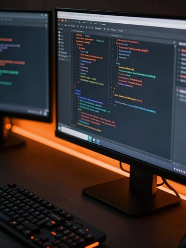 High-end close-up of a modern developer workspace with clean code interfaces on dark screens, dramatic side-lit shadows, kinetic orange neon glow, 35mm