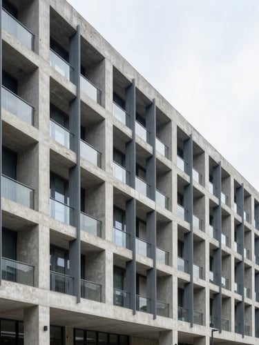 Wide panoramic architectural shot of a modern concrete and steel building facade under bright overcast daylight, sharp focus, 35mm lens