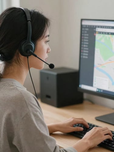 A realistic home office setup, medium close-up of a focused bilingual agent wearing a USB headset, soft natural indoor light, typing on a keyboard with a dispatch map visible on screen.