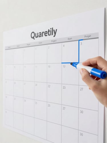 Close-up of a hand using a blue dry-erase marker to outline a quarterly project on a giant laminated wall calendar, clean grid lines, bright natural daylight.