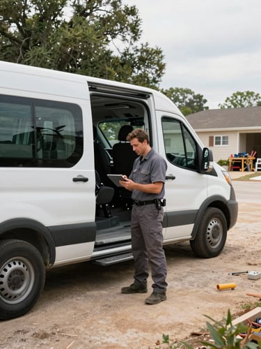 Wide environmental shot of a branded service van parked at a residential job site in Fort Worth, technician in work apparel reviewing a tablet near the van door, natural daylight, tools visible in background, desaturated tones with real-world site colors