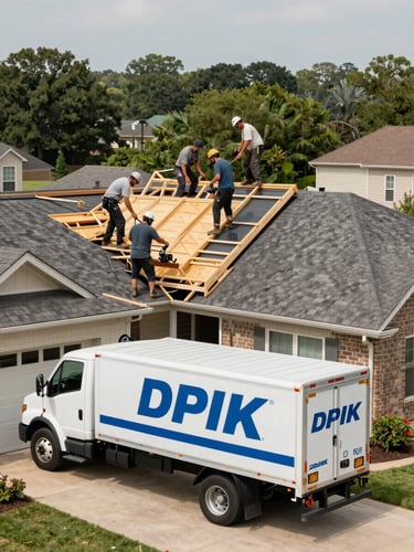 Environmental wide shot of a roofing crew on a residential roof installation in the DFW suburbs, work truck with contractor branding visible in the driveway below, natural daylight, desaturated tones with vivid blue truck lettering