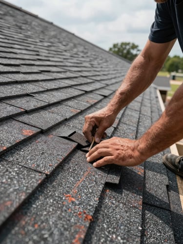 Close-up wide shot of a roofing crew actively installing shingles on a residential roof in the DFW area — hands and tools visible mid-work, natural daylight overhead, slight desaturation with real construction-site colors, no faces or posed moments