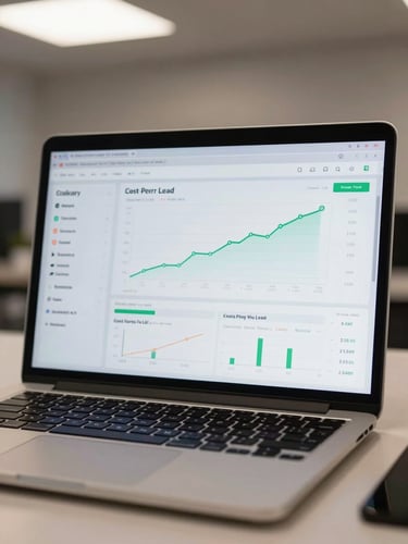 Wide-angle view of a contractor-facing analytics dashboard on a laptop screen, cost-per-lead and call volume metrics clearly visible, placed on a clean work surface under soft overhead light, screen dominating the frame