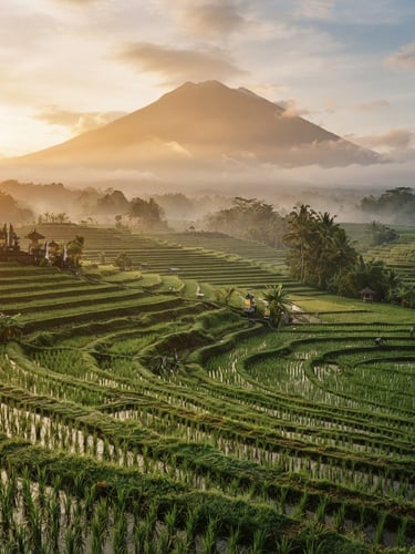 Wide environmental landscape of Mount Agung shrouded in soft morning mist, lush green terraced rice paddies in the foreground, warm golden sunlight, 35mm film grain style