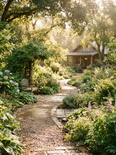 Soft-focus environmental view of a sun-drenched green garden path on a quiet therapy campus, warm morning light, shallow depth of field, 35mm
