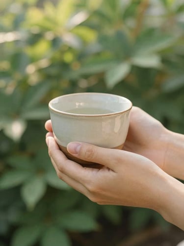 Close-up of gentle hands holding a warm ceramic cup in a sunlit garden, soft green foliage in the background, warm morning light, shallow depth of field, 35mm