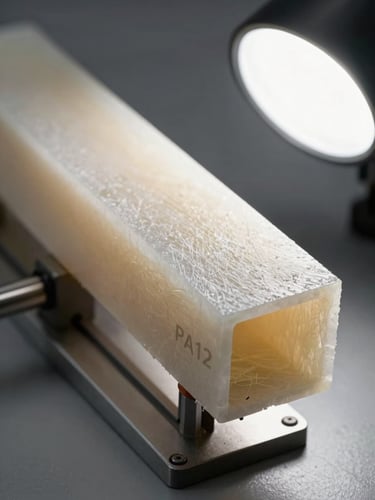 Extreme close-up of a finished PA12 glass-fiber reinforced component held in a calibrated measurement rig, studio strobe lighting from the upper right revealing surface layer definition and dimensional edges, neutral grey workshop bench below, no motion blur, clinical and precise framing