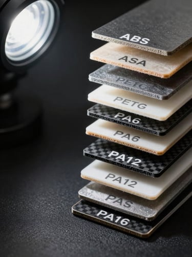 Extreme close-up, studio strobe lighting from upper left, a vertical stack of seven flat engineering material coupons arranged on a matte black surface — ABS, ASA, PETG, PA6, PA12, carbon-fiber reinforced, and glass-fiber reinforced grades — each slightly offset to reveal layer texture and surface finish, framing tight on the right third, generous dark space on the left, no text or labels visible