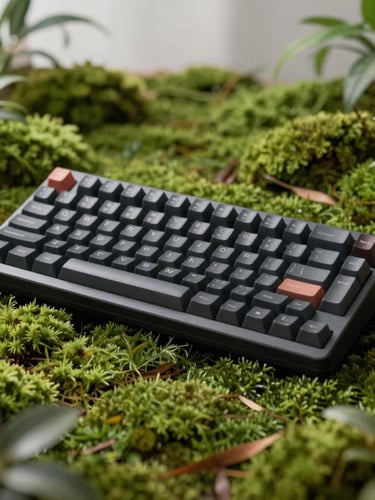 Premium mechanical keyboard integrated into a clean, plant-filled Scandinavian workspace, soft daylight filtering through moss green foliage, shallow depth of field, 35mm