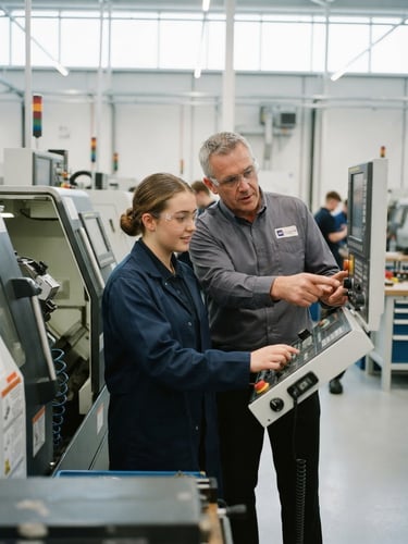Medium shot of a technical instructor guiding a candidate on industrial machinery, bright crisp lighting, sharp focus, 35mm lens.