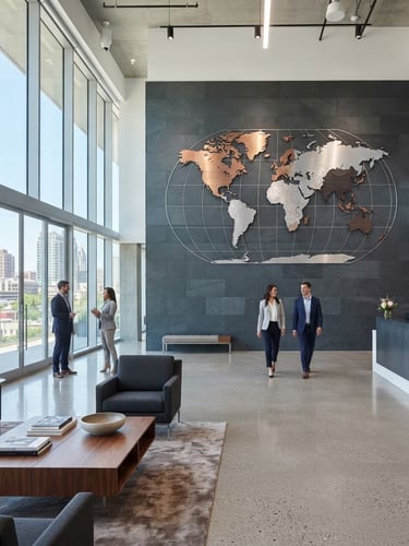 A professional corporate office lobby with bright natural daylight, clean architectural lines, and a large global map on a slate wall