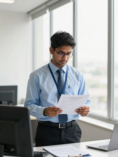 A bright, clean corporate office in India, a professional compliance officer reviewing legal documentation near a window, sharp focus, natural daylight.