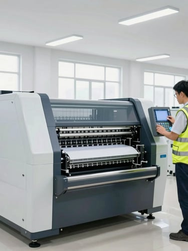 Wide environmental shot of a modern industrial printing and packaging machine, a technician in a high-visibility vest calibrating the control panel, bright workspace lighting.
