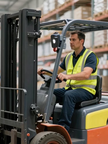 A professional forklift operator in a high-visibility vest navigating a bright, modern European warehouse facility, sharp focus, 35mm lens.
