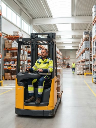 A professional forklift operator in a high-vis jacket navigating a brightly lit, modern European warehouse corridor, sharp focus, natural daylight, 35mm lens.