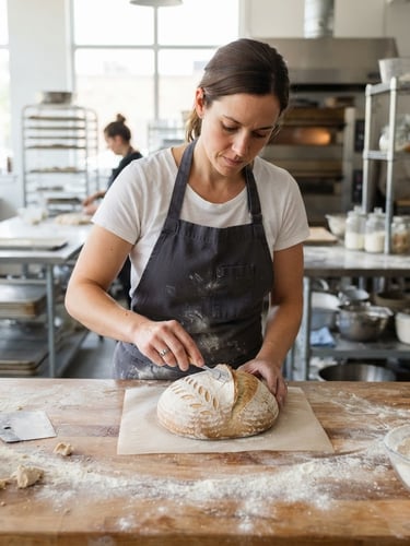 A professional baker in a clean, bright, sunlit commercial kitchen, scoring a rustic sourdough loaf on a flour-dusted wooden table, sharp focus, realistic colors