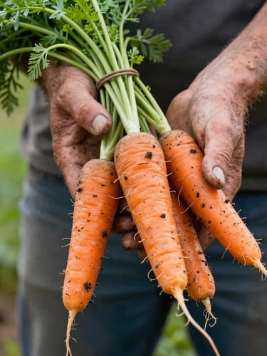 Close-up of a farmer's soil-stained hands holding freshly harvested heirloom carrots with vibrant green tops, natural side daylight.