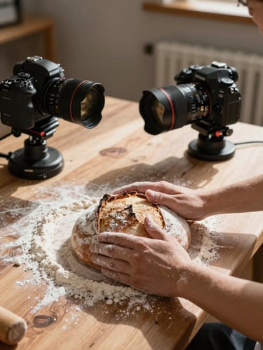 Side-lit Scandinavian daylight casting sharp shadows across a rustic wooden prep table. Hands with flour dust are shaping a sourdough loaf next to a professional DSLR camera rig.